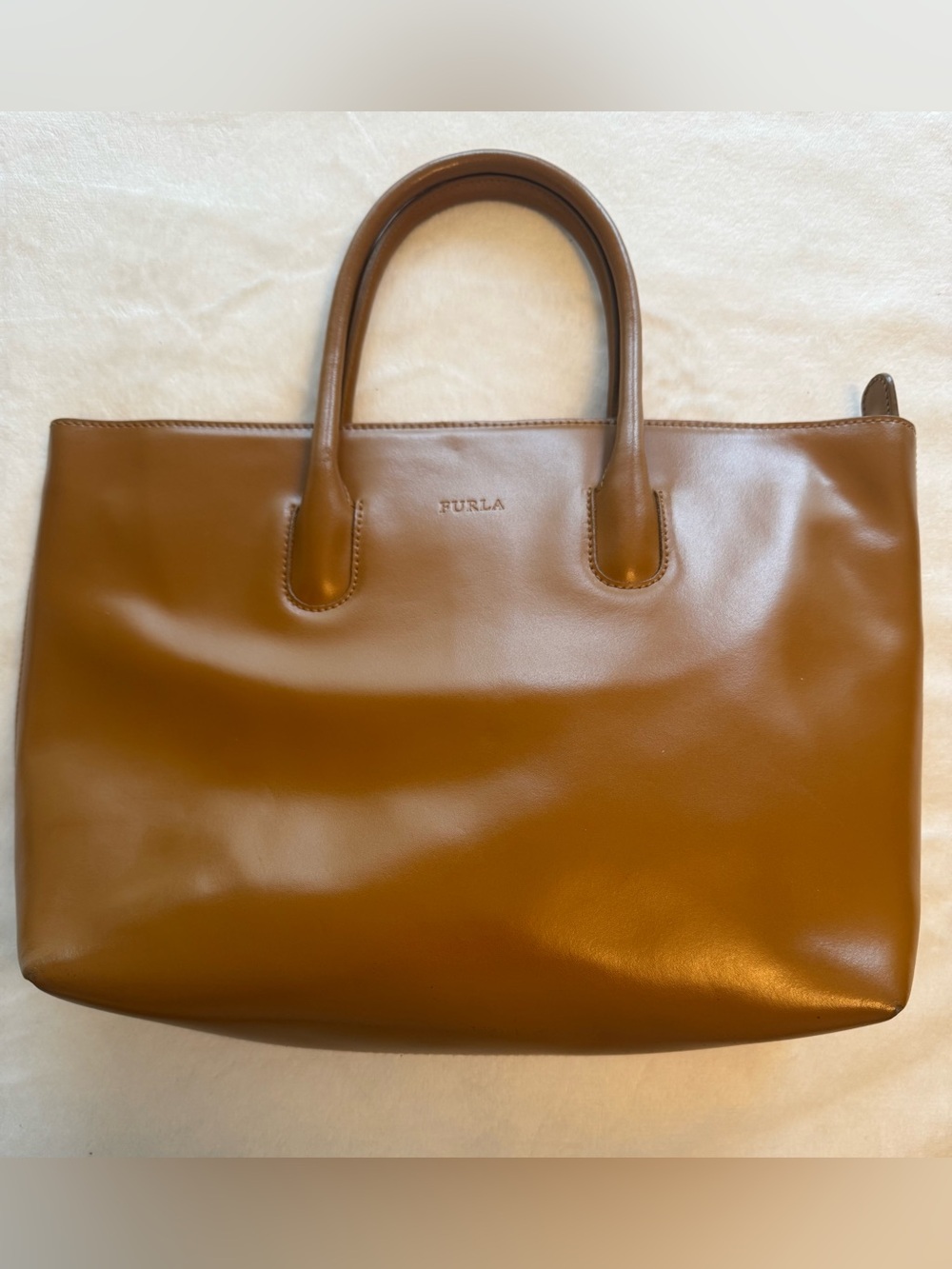 Furla Made in Italy Cognac Brown Smooth Leather Zip Top Tote Work Bag